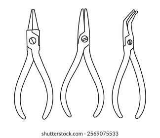 Different types of technical pliers, forceps, sketch of the silhouette of dentist tools. Concept of dentistry, orthodontics and medical instruments