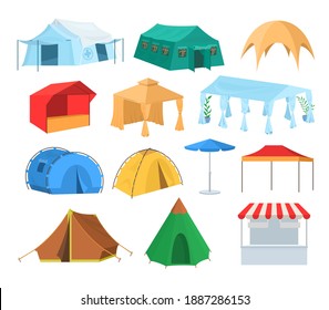 Different types of tents, flat vector isolated illustration. Tourist hiking and camping tents, market store, cafe, restaurant, festival event pavilion, temporary shelter, emergency medical tent.
