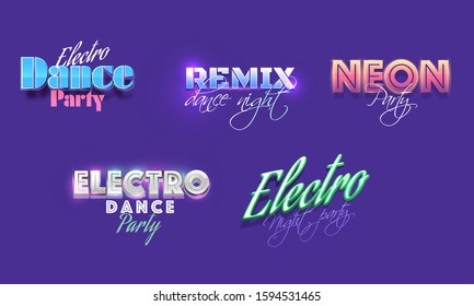 Different Types Text of Party Concept like as Electro Dance, Remix Dance Night, Electro Night, Neon Party on Purple Background.