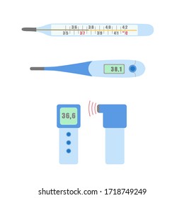 Different types of thermometers. Electronic thermometer, mercury, non-contact. Vector illustration isolated on a white background. Flat style. Body temperature.