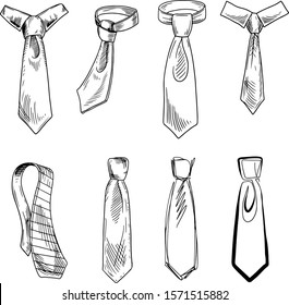 Different types of tie knots hand drawn illustrations set. Elegant men accessories pack. Classic neckties monochrome design elements. Neckcloth, neckwear isolated on white background
