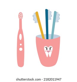 Different types of toothbrushes. Toothbrushes in a glass and an electric toothbrush. Vector illustration.