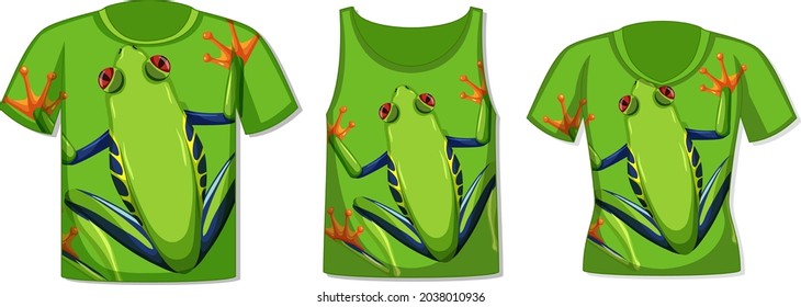 Different types of tops with green frog pattern illustration