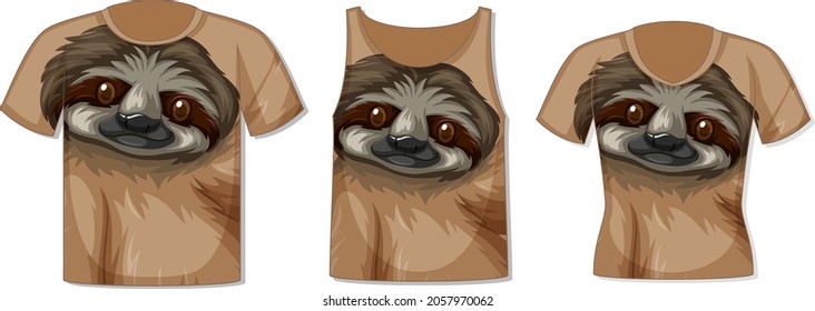Different types of tops with sloth pattern illustration