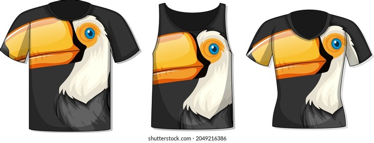 Different types of tops with toucan bird pattern illustration