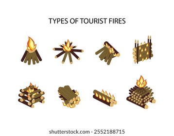 Different types of tourist fires hut, star, hunting, fence, well, taiga, Nodya, pyramid. Colored vector flat illustration