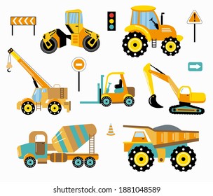 Different types of toys heavy equipment and machinery isolated on white background. Road signs. Set of toy cars. Children's style. Vector illustration.