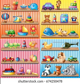 Different types of toys on the shelves illustration