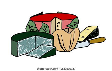 Diferentes tipos de queso tradicional. Cabrales, cheddar, Vidiago, Gamoneu, Afuegal`pitu y otros. Asturias, España. Dibujo manual de la ilustración del vector de color.