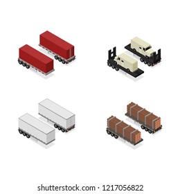 Different Types Trailers 3d Icons Set Isometric View Cargo Transport with Machines and Wood. Vector illustration of Trailer for Delivery and Transportation