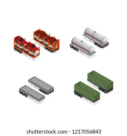 Different Types Trailers 3d Icons Set Isometric View Cargo Transport Isolated on a White Background. Vector illustration of Trailer for Delivery and Transportation