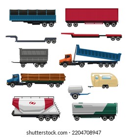 Different types of trailers cartoon illustration set. Truck, heavy duty or cargo vehicles, shipping, delivery or freight cars, container trains. Logistics, transportation concept