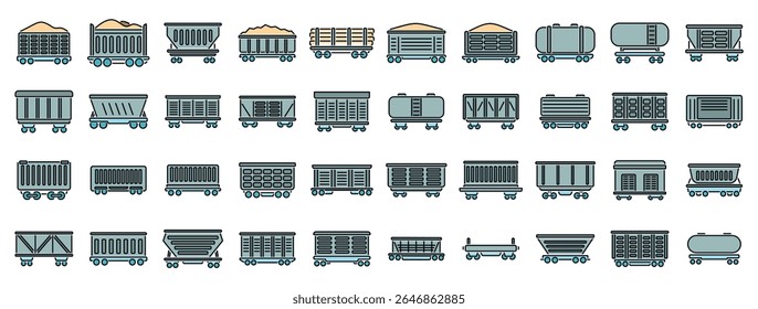 Different types of train wagons transporting various goods, including open top cars for bulk materials and tank cars for liquids