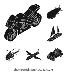 Different types of transport black icons in set collection for design. Car and ship isometric vector symbol stock web illustration.