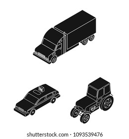 Different types of transport black icons in set collection for design. Car and ship isometric vector symbol stock web illustration.