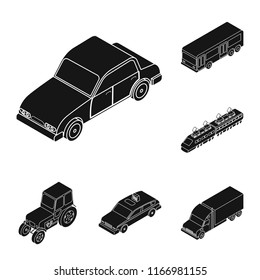 Different types of transport black icons in set collection for design. Car and ship isometric vector symbol stock web illustration.