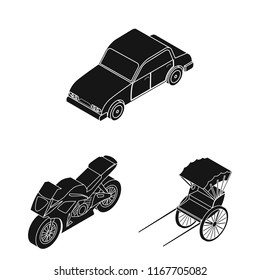 Different types of transport black icons in set collection for design. Car and ship isometric vector symbol stock web illustration.