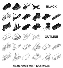 Diferentes tipos de iconos negros de transporte en la colección set para el diseño. Camión y buque símbolo vectorial isométrico ilustración web de la reserva.