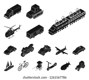 Different types of transport black icons in set collection for design. Car and ship isometric vector symbol stock web illustration.