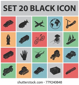Different types of transport black icons in set collection for design. Car and ship isometric vector symbol stock web illustration.