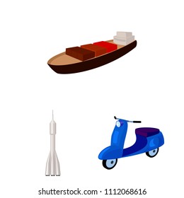 Different types of transport cartoon icons in set collection for design. Car and ship vector symbol stock web illustration.