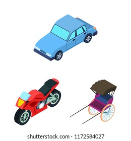 Different types of transport cartoon icons in set collection for design. Car and ship isometric vector symbol stock web illustration.