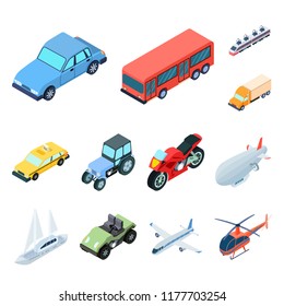 Different types of transport cartoon icons in set collection for design. Car and ship isometric vector symbol stock web illustration.