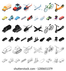 Different types of transport cartoon icons in set collection for design. Car and ship isometric vector symbol stock web illustration.