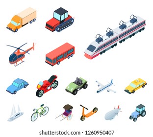 Different types of transport cartoon icons in set collection for design. Car and ship isometric vector symbol stock web illustration.