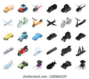 Different types of transport cartoon,black icons in set collection for design. Car and ship isometric vector symbol stock web illustration.