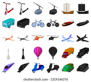 Different types of transport cartoon,black icons in set collection for design. Car and ship vector symbol stock web illustration.