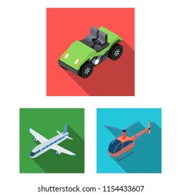 Different types of transport flat icons in set collection for design. Car and ship isometric vector symbol stock web illustration.