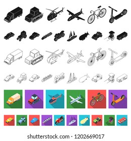 Different types of transport flat icons in set collection for design. Car and ship isometric vector symbol stock web illustration.