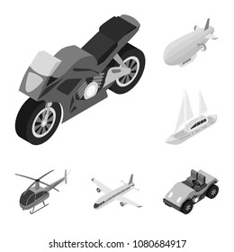 Different types of transport monochrome icons in set collection for design. Car and ship isometric vector symbol stock web illustration.