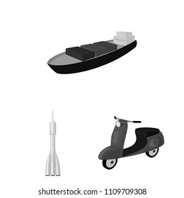 Different types of transport monochrome icons in set collection for design. Car and ship vector symbol stock web illustration.