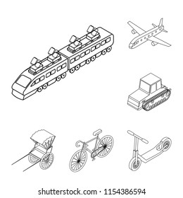 Different types of transport outline icons in set collection for design. Car and ship isometric vector symbol stock web illustration.
