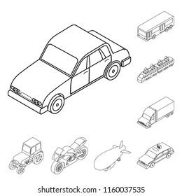 Different types of transport outline icons in set collection for design. Car and ship isometric vector symbol stock web illustration.