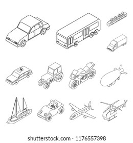 Different types of transport outline icons in set collection for design. Car and ship isometric vector symbol stock web illustration.