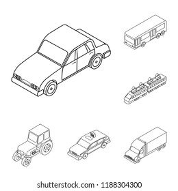 Different types of transport outline icons in set collection for design. Car and ship isometric vector symbol stock web illustration.