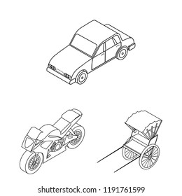Different types of transport outline icons in set collection for design. Car and ship isometric vector symbol stock web illustration.