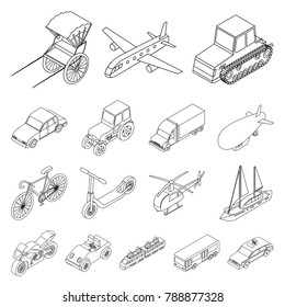 Different types of transport outline icons in set collection for design. Car and ship isometric vector symbol stock web illustration.