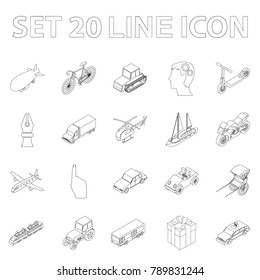 Different types of transport outline icons in set collection for design. Car and ship isometric vector symbol stock web illustration.