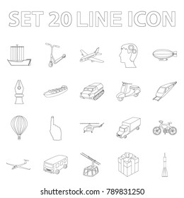 Different types of transport outline icons in set collection for design. Car and ship vector symbol stock web illustration.
