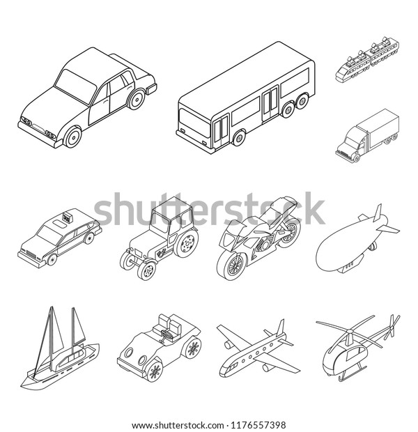 Different types of transport outline icons\
in set collection for design. Car and ship isometric vector symbol\
stock web\
illustration.