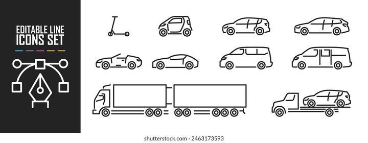 Different types of transport. Set of minimalistic icons with scooter, sedan, convertible and truck. Design elements for websites. Cartoon flat vector collection isolated on white background