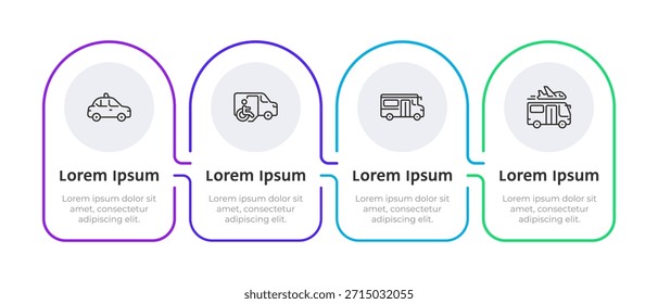 Diferentes tipos de infografía de transporte 4 pasos. Vehículo de discapacidad. Traslado al aeropuerto. Transporte en autobús, servicios de reserva. Proceso de diagrama de iconos de línea delgada editable