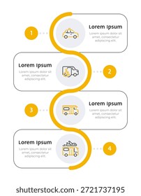 Diferentes tipos de transporte infográfico 4 passos. Veículo deficiente. Transporte do aeroporto. Transporte de ônibus, serviços de reserva. Fluxo de diagrama dos ícones editáveis com duas linhas de cores
