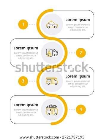 Different types of transportation infographic 4 steps. Disability vehicle. Airport shuttle. Bus transport, booking services. Editable two color line icons diagram flow