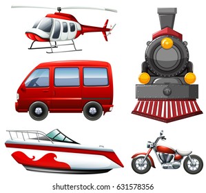 Different types of transportation in red illustration