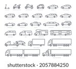 Different types of transportation. Set of minimalistic icon with scooter, moped, sedan, convertible and truck. Design elements for websites. Cartoon flat vector collection isolated on white background